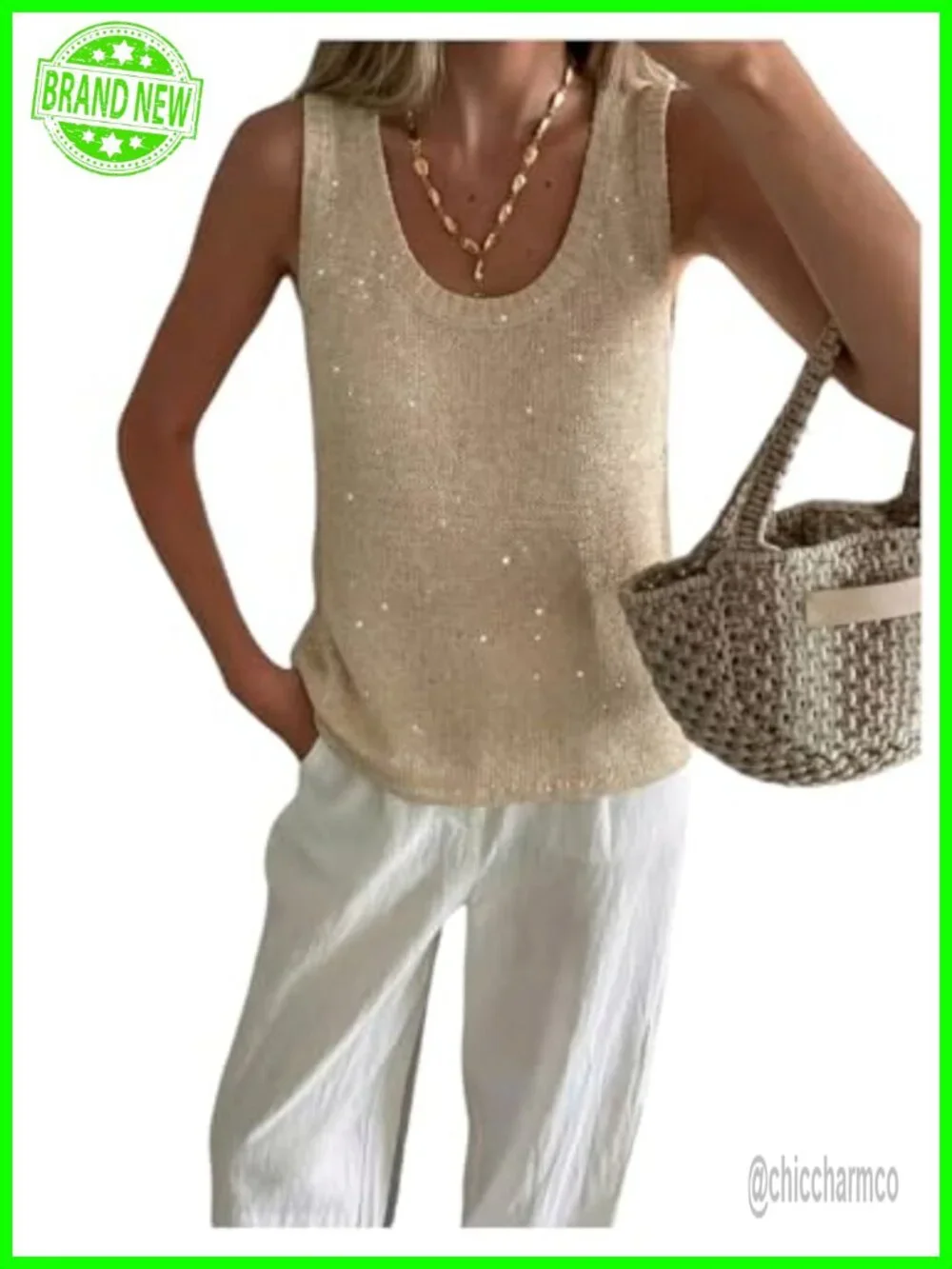 Sequin Embellished Sleeveless Knit Sweater Vest Scoop Neck Tank Top